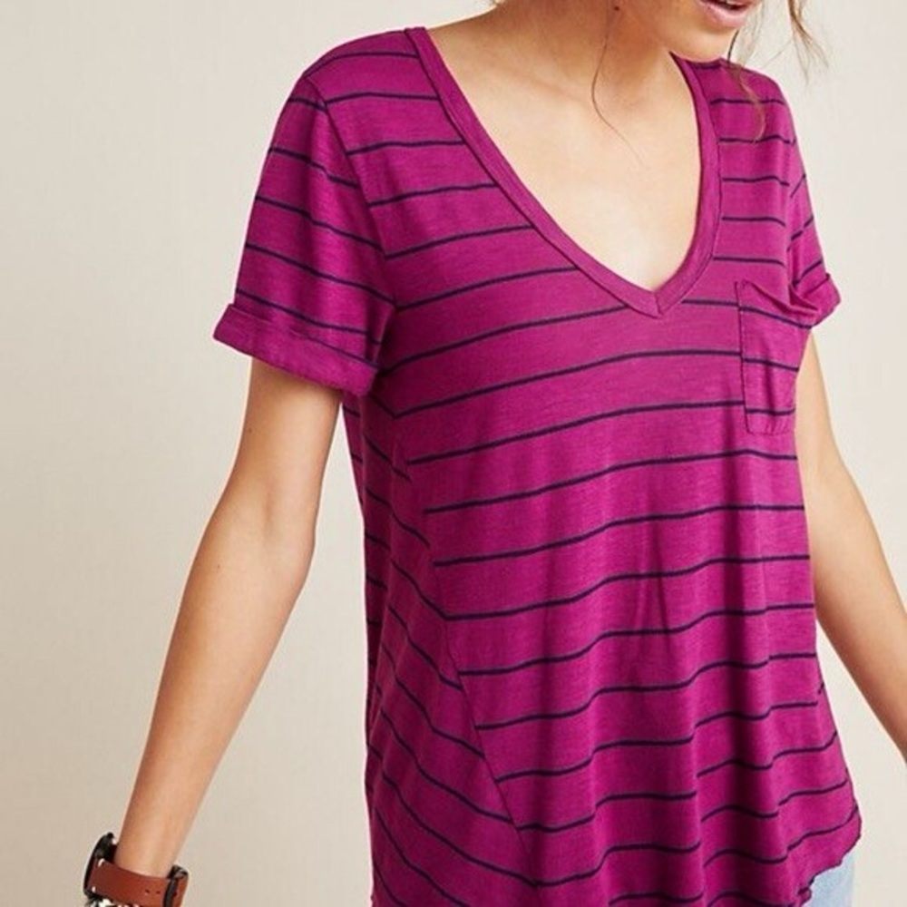 Anthropologie T. La Asymmetrical Striped V-Neck Purple Women's Top
